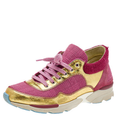 Pre-owned Chanel Pink/gold Tweed Fabric And Patent Leather Cc Lace Up Trainers Size 38