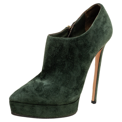 Pre-owned Casadei Green Suede Pointed-toe Platform Ankle Booties Size 37