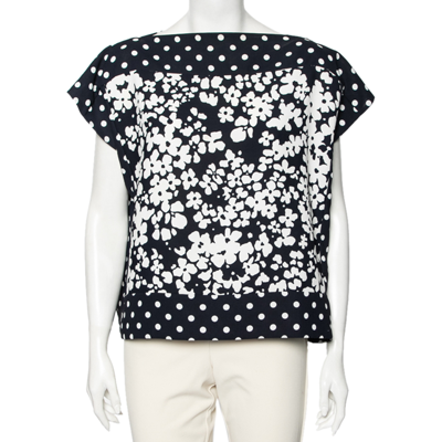 Pre-owned Ch Carolina Herrera Navy And White Floral Print Square Top M In Blue