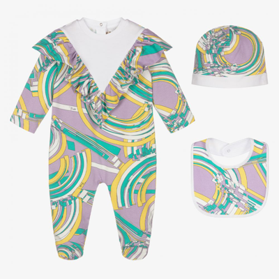 Emilio Pucci Multicolour Cotton Blend Abstract-print Baby Girl Body From Featuring Abstract Pattern Print, Panell In Lilac