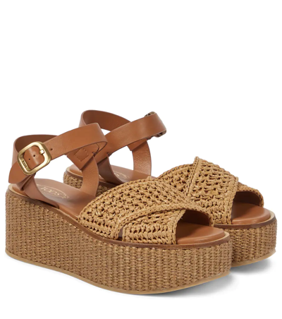 Tod's Raffia Leather Crisscross Platform Sandals In Brown