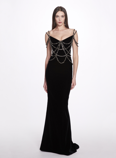 Marchesa Crystal Encrusted Chain Velvet Mermaid Gown In Black