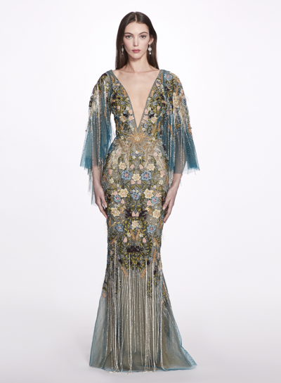 Marchesa Floral Deep V Neck Gown