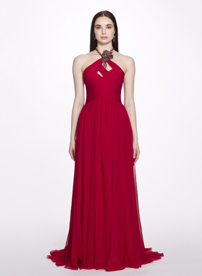 Marchesa Women's Embroidered Silk Chiffon Grecian Gown In Red