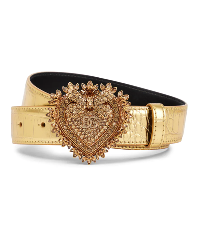 Dolce & Gabbana Devotion Heart Metallic Alligator-print Belt In Gold