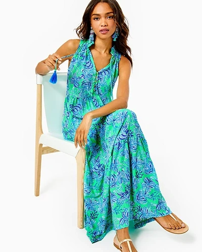 Ankle-length, Swing Fit, Tiered Maxi Dress With Ruffled Collar, Gold Buttons At Front Placket And Ne Women's Malone Maxi Dress In Green Size 2xs, Keepin It Reel - Lilly Pulitzer In Green