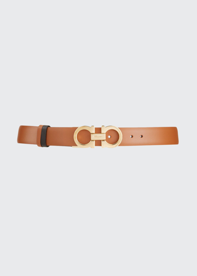 Ferragamo Double Gancini Reversible Leather Belt In Olivello Nero