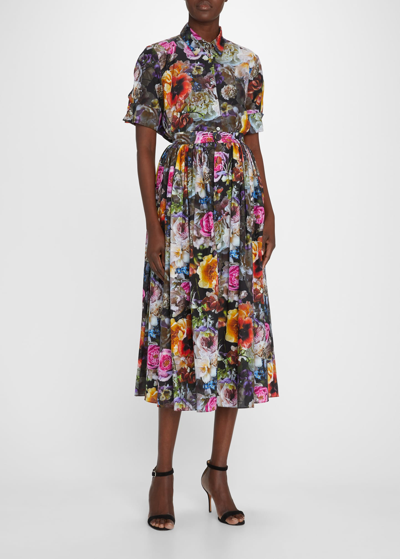 Adam Lippes Floral-print Button Down Voile Skirt In Black Floral