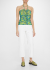 Ganni Halterneck Ruched Floral-print Jersey Top In Sulphur Spring