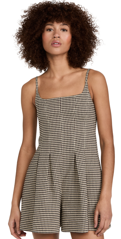 Rebecca Taylor Gingham Linen Blend Romper In Spring Check Espresso