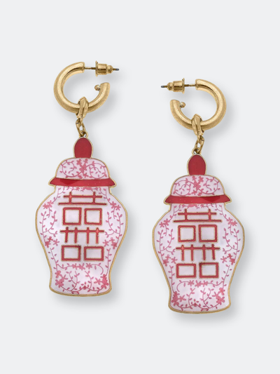 Canvas Style Camille Enamel Double Happiness Temple Jar Earrings In Pink