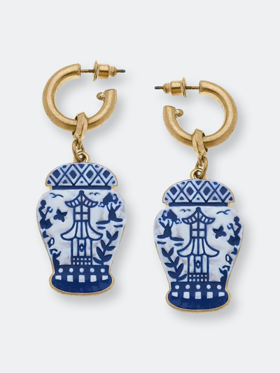 Canvas Style Aubree Enamel Pagoda Ginger Jar Earrings In Blue