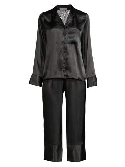In Bloom Lace-trim Satin Pyjama Set In Black