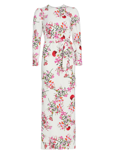 Monique Lhuillier Belted Long-sleeve Floral Maxi Dress In Multi