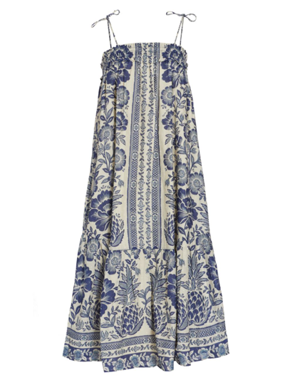 Farm Rio Blue Pineapple Garden Shoulder-tie Midi Dress In White And Blue |  ModeSens