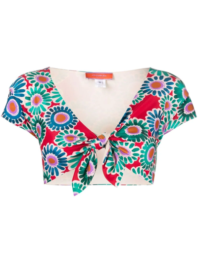 La Doublej Bardot Floral Front-tie Bikini Top In Crazy Daisy