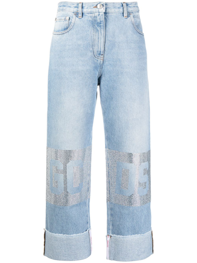 Gcds Strass Mid-rise Cropped Jeans In Blau