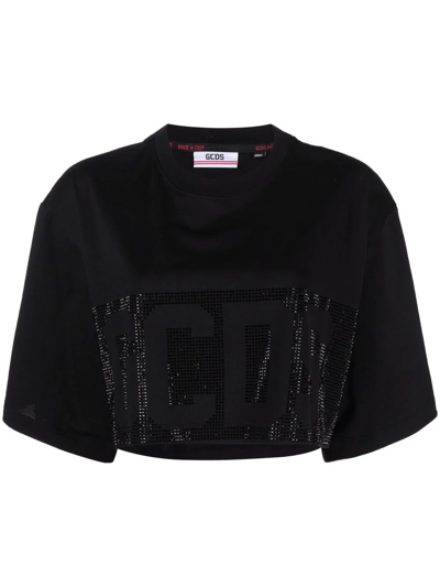 Gcds Cropped Studded-logo T-shirt In Schwarz