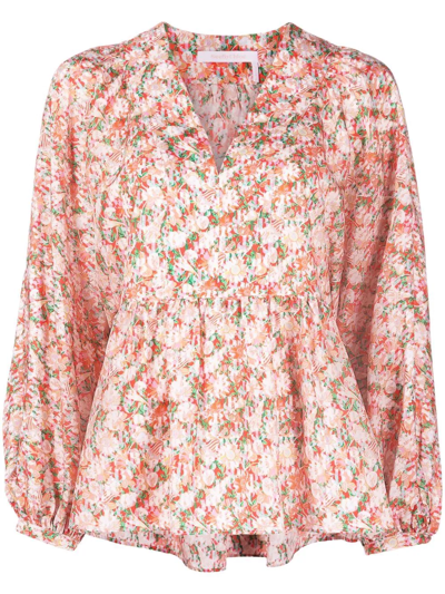 See By Chloé Floral-print Silk Blouse In Orange