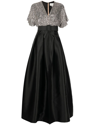 Sachin & Babi Simone Sequin Gown W/ Pleated Skirt In Silv/ Charc