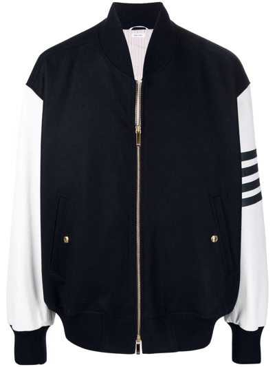 Thom Browne Striped-trim Stand-collar Wool And Leather Bomber Jacket In Blue