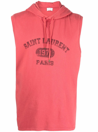 Saint Laurent Sleeveless Cotton Sweatshirt With Logo In Red