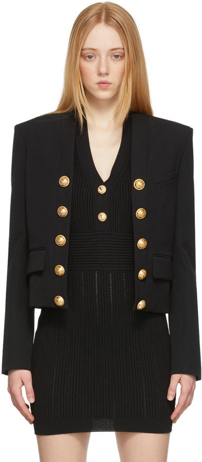 Balmain Cropped Button-embellished Wool Jacket In Black