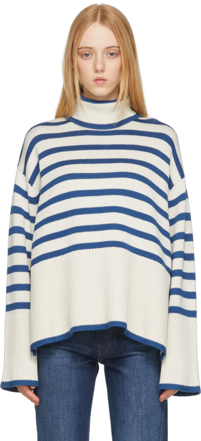 Totême Signature Striped Wool And Organic Cotton-blend Turtleneck Sweater In White,blue