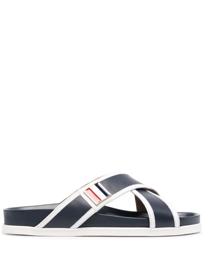 Thom Browne Navy Vitello Calf Leather Stripe Enamel Buckle Criss Cross Sandal In Blue