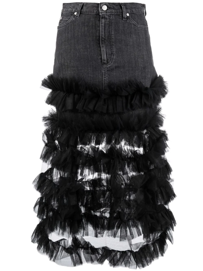 Red Valentino Ruffle Tulle-trim Denim A-line Skirt In Schwarz