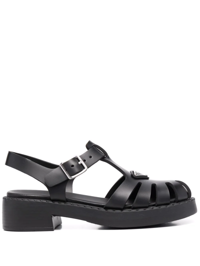 Prada Triangle Logo-plaque Buckled Sandals In Black