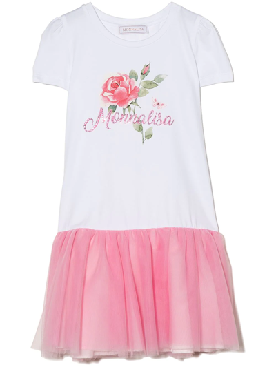 Monnalisa Kids' Logo印花薄纱迷你连衣裙 In White