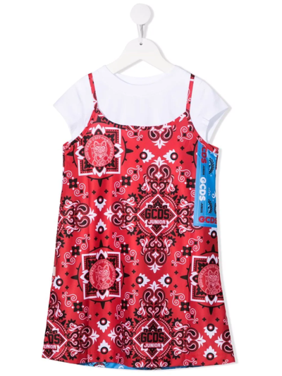Gcds Kids' Bandana-print T-shirt Dress In Red