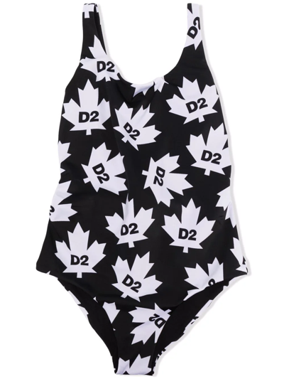 Dsquared2 Kids' Maple Leaf-print Swimsuit In Black