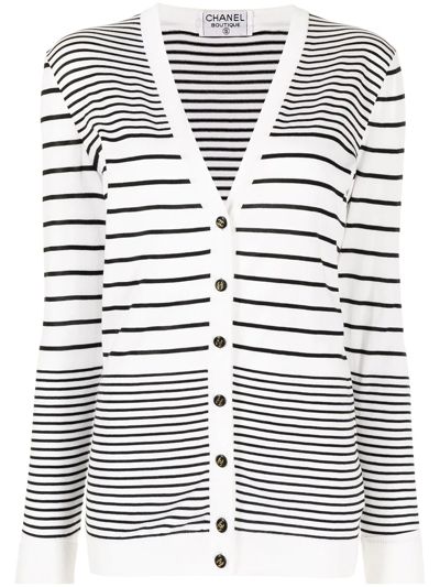 Pre-owned Chanel 1990s Striped V-neck Cardigan In White