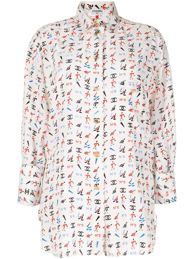 Pre-owned Chanel 1990s Cc Logo-print Silk Shirt In White