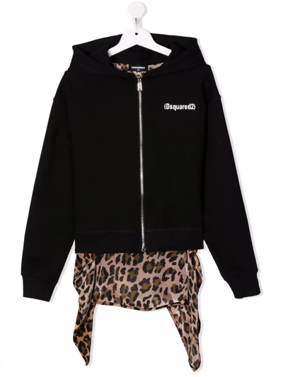 Dsquared2 Teen Leopard-print Panel Hoodie In Black