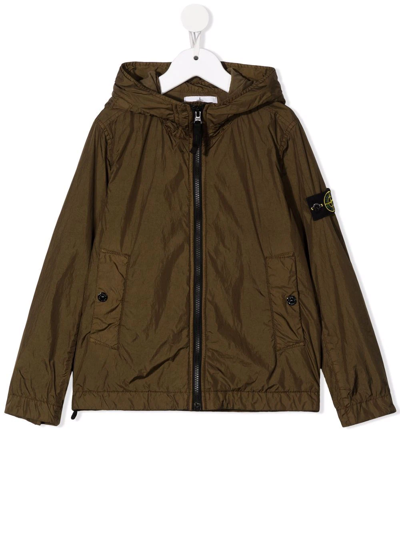 Stone Island Teen Zipped Hooded Jcaket In Green