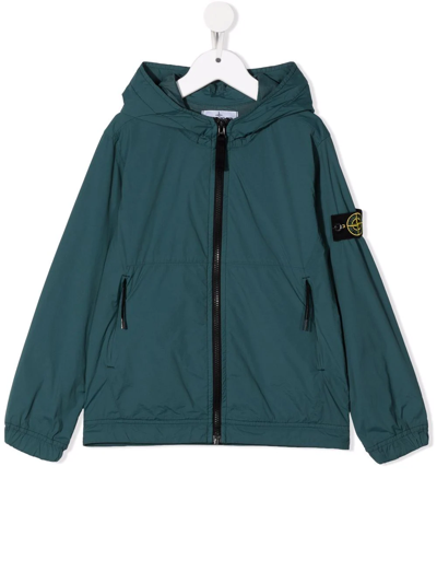 Stone Island Kids' Logo Zipped Hooded Jacket In Green