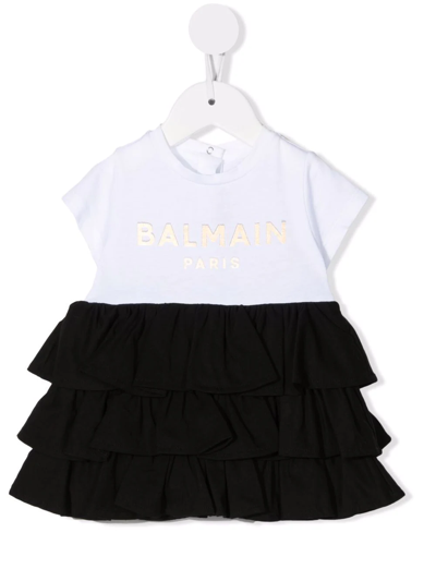 Balmain Babies' Logo印花荷叶边裙摆连衣裙 In Bianco/nero