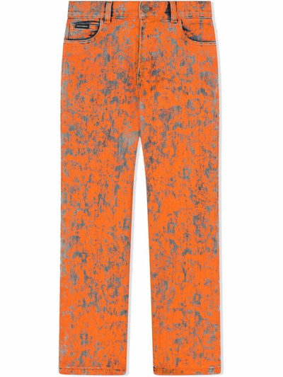 Dolce & Gabbana Kids' Acid-wash Straight Leg Jeans In Orange