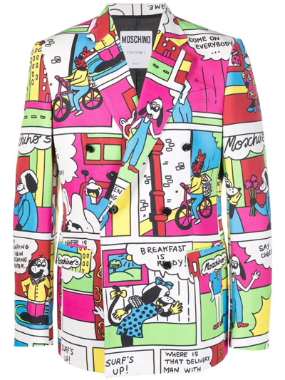 Moschino Comics-print Double-breasted Blazer In Rosa