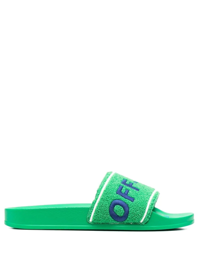 Off-white Towel Logo-embroidered Slides In Grün