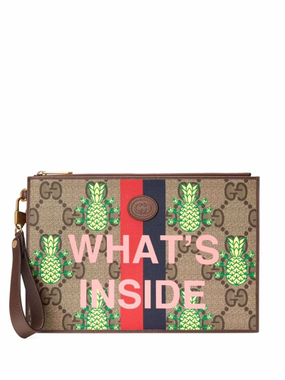 Gucci Pineapple Logo Coated Canvas Pouch In Beige,multi