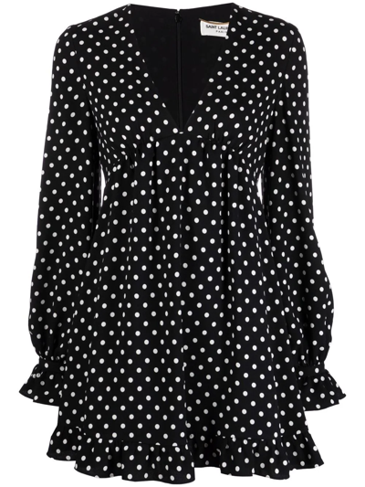 Saint Laurent Polka-dot Flared Mini Dress In Black