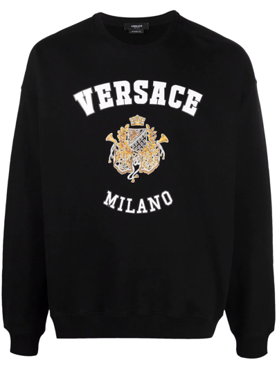 Versace Logo Print Cotton Jersey Sweatshirt In Black