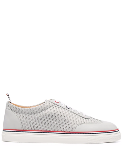 Thom Browne Leather Athletic Mesh Low Top Lace Up Sneakers In Grey