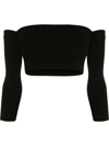 Alexander Mcqueen Woman - Black Long Sleeve Crop Top With Off Shoulders In Black