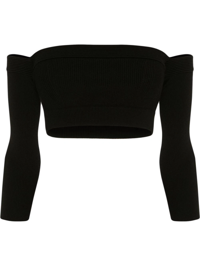 Alexander Mcqueen Woman - Black Long Sleeve Crop Top With Off Shoulders