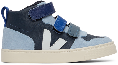 Veja Kids Blue Leather V-10 Mid Velcro Sneakers In Navy